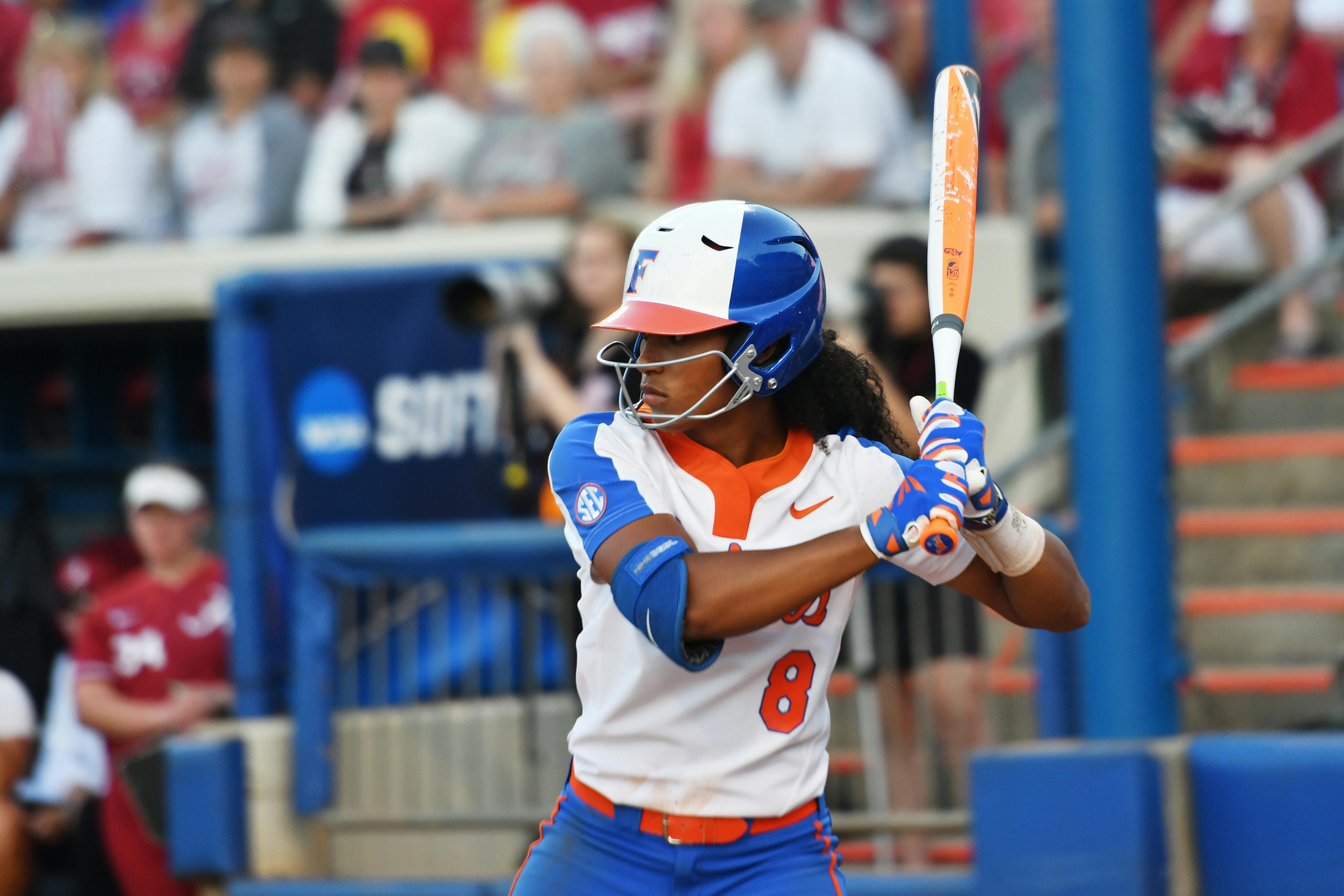Aleshia Ocasio bats during Florida's 3-0 loss against Alabama during game one of the NCAA Super Regional on May 25, 2017, at Katie Seashole Pressly Stadium.
