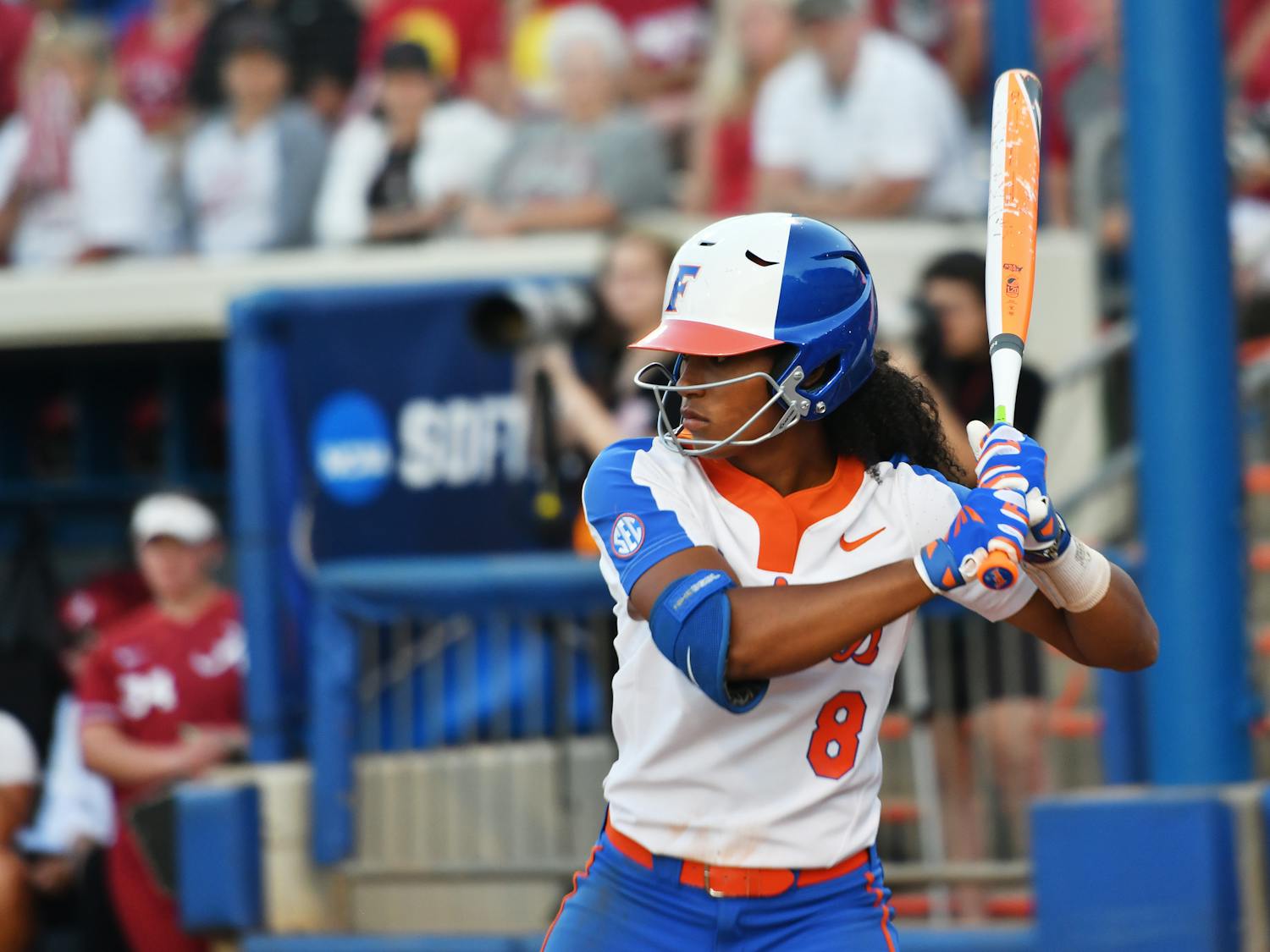 Aleshia Ocasio bats during Florida's 3-0 loss against Alabama during game one of the NCAA Super Regional on May 25, 2017, at Katie Seashole Pressly Stadium.
