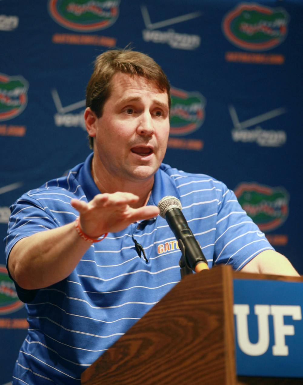 <p>Coach Will Muschamp speaks at UF media day on Thursday. Muschamp has not named a starter to replace former kicker Caleb Sturgis, who was a Lou Groza Award finalist.</p>