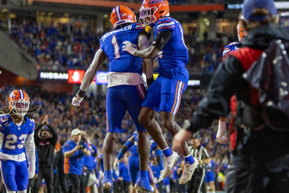 Junior edge rusher Princely Umanmielen celebrates after a safety in the Gators' 24-15 loss to the Florida State Seminoles on Saturday, Nov. 25, 2023.