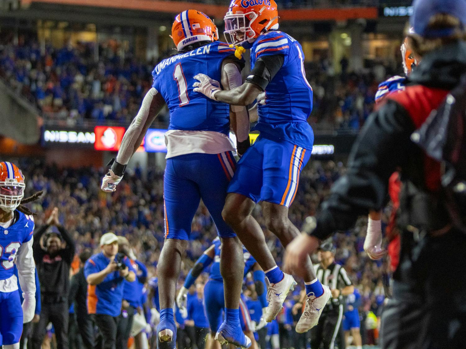 Junior edge rusher Princely Umanmielen celebrates after a safety in the Gators' 24-15 loss to the Florida State Seminoles on Saturday, Nov. 25, 2023.