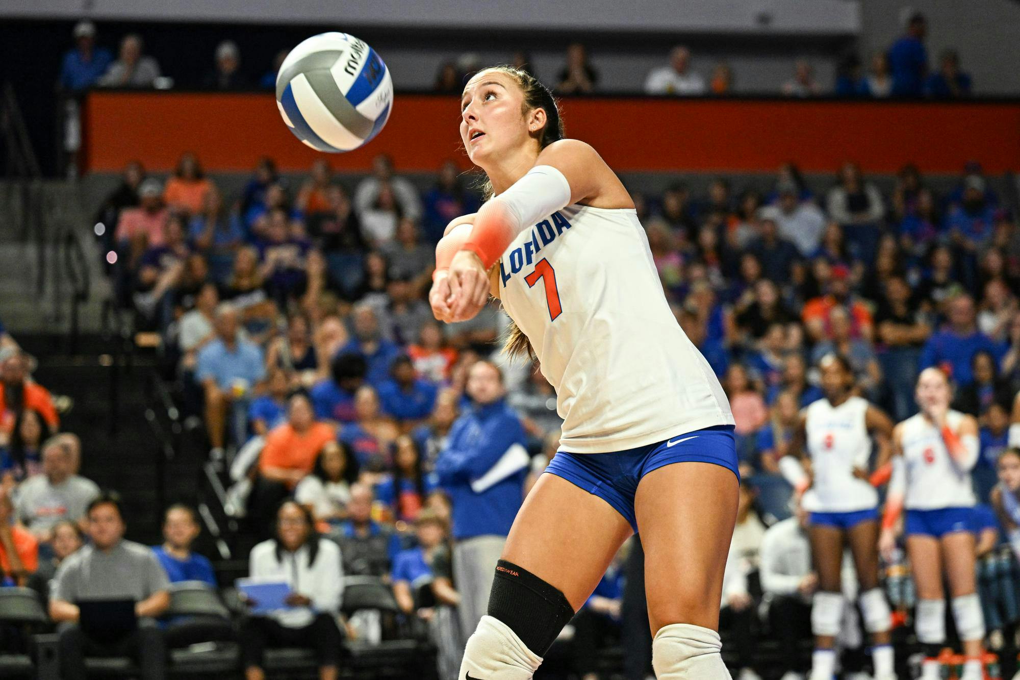 Florida Gators libero/defensive specialist Emily Canaan (7) hits the ball during a volleyball match against the Norfolk State Spartans on Sunday, Aug. 31, 2025, at the O'Connell Center in Gainesville, Fla.