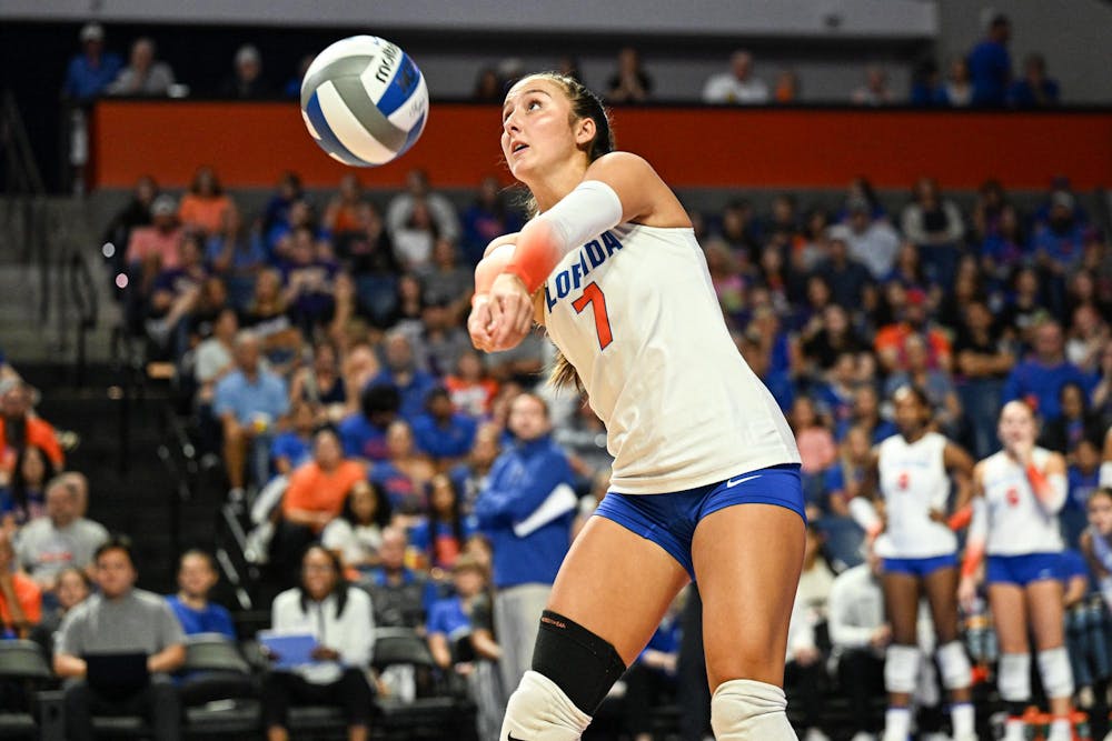 Florida Gators libero/defensive specialist Emily Canaan (7) hits the ball during a volleyball match against the Norfolk State Spartans on Sunday, Aug. 31, 2025, at the O'Connell Center in Gainesville, Fla.