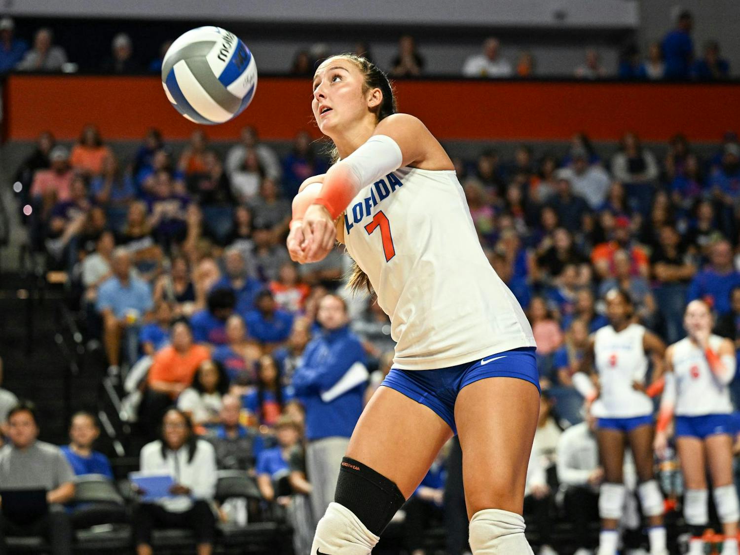 Florida Gators libero/defensive specialist Emily Canaan (7) hits the ball during a volleyball match against the Norfolk State Spartans on Sunday, Aug. 31, 2025, at the O'Connell Center in Gainesville, Fla.