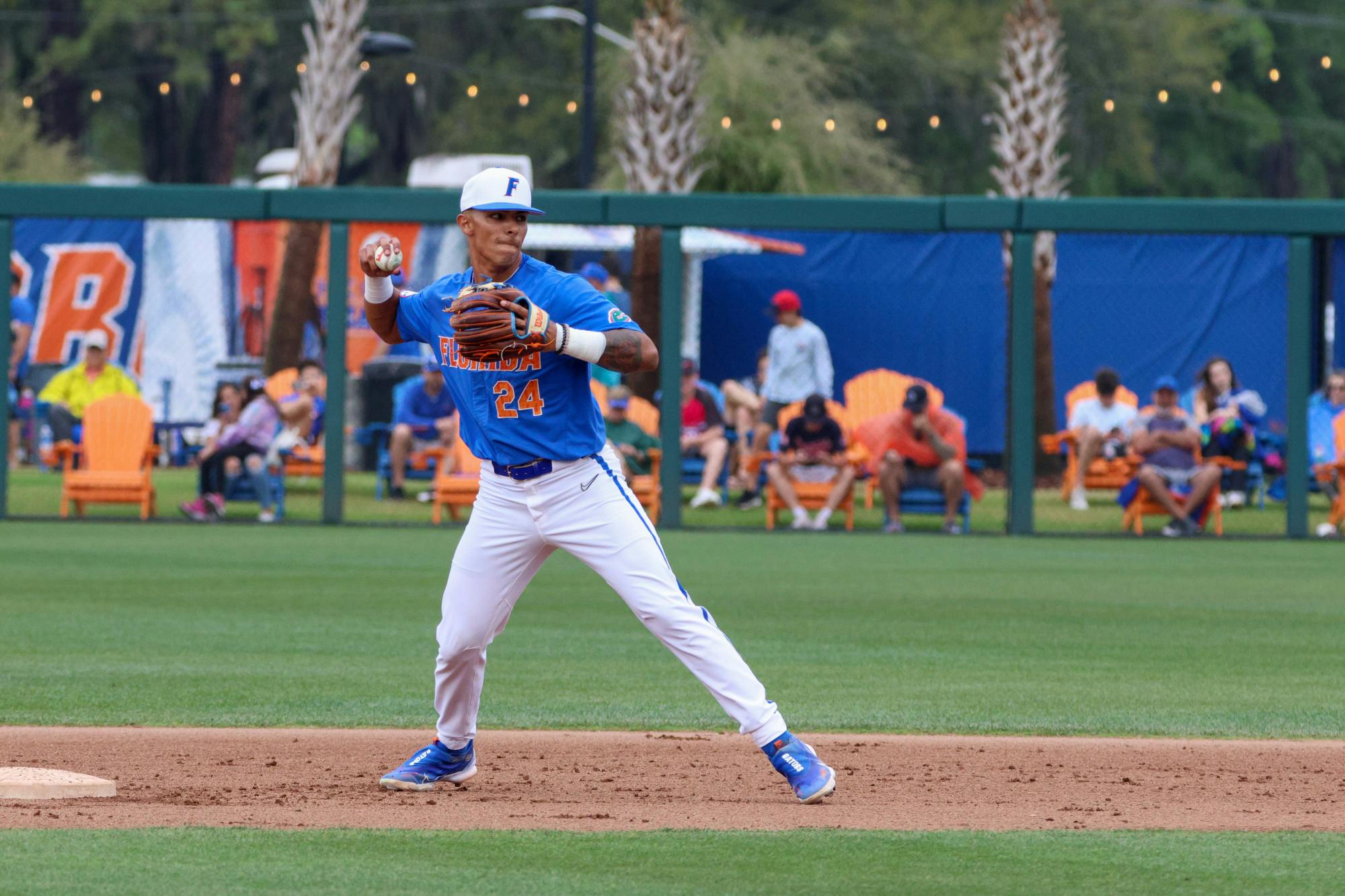 Florida shortstop Josh Rivera throws the ball in the Gators' loss to the Miami Hurricanes Saturday, March 4, 2023.