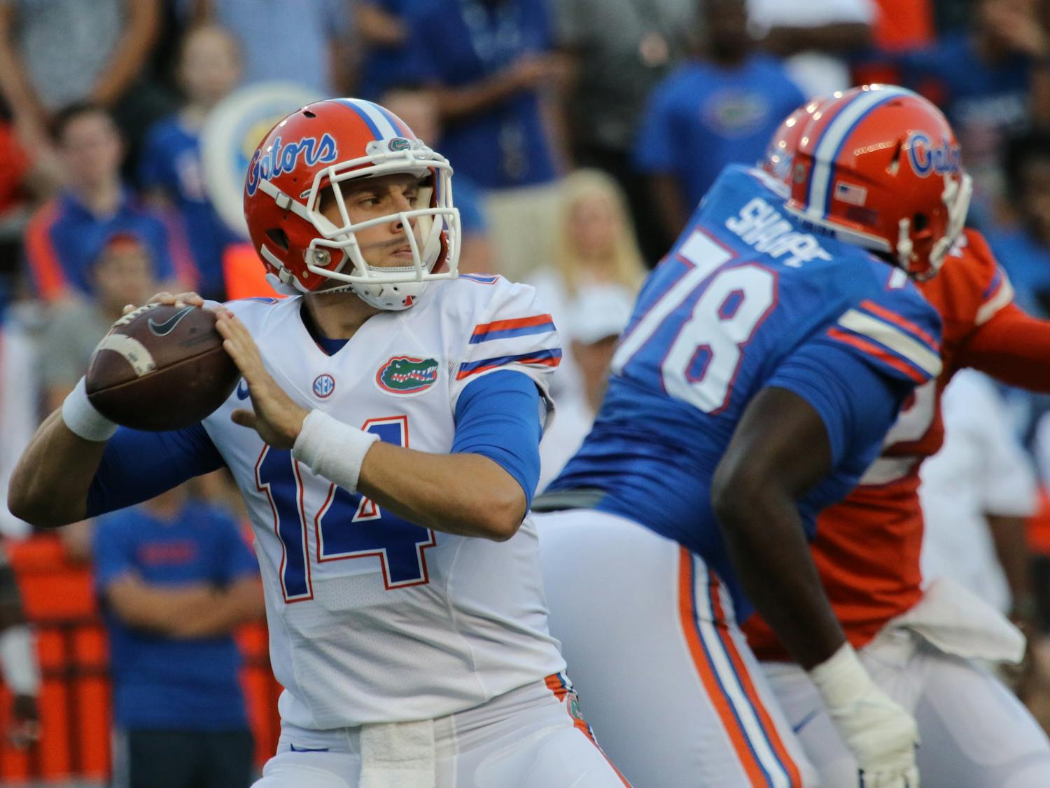 Quarterback Luke Del Rio (14) drops back to pass during Florida's Orange & Blue Debut on April 8, 2016, at Ben Hill Griffin Stadium.