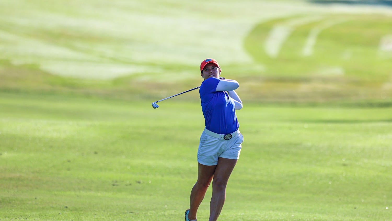 Florida senior golfer Jackie Lucena swings her club in round 3 of The "Mo" Morial Invitational Wednesday, Sept. 21, 2022.