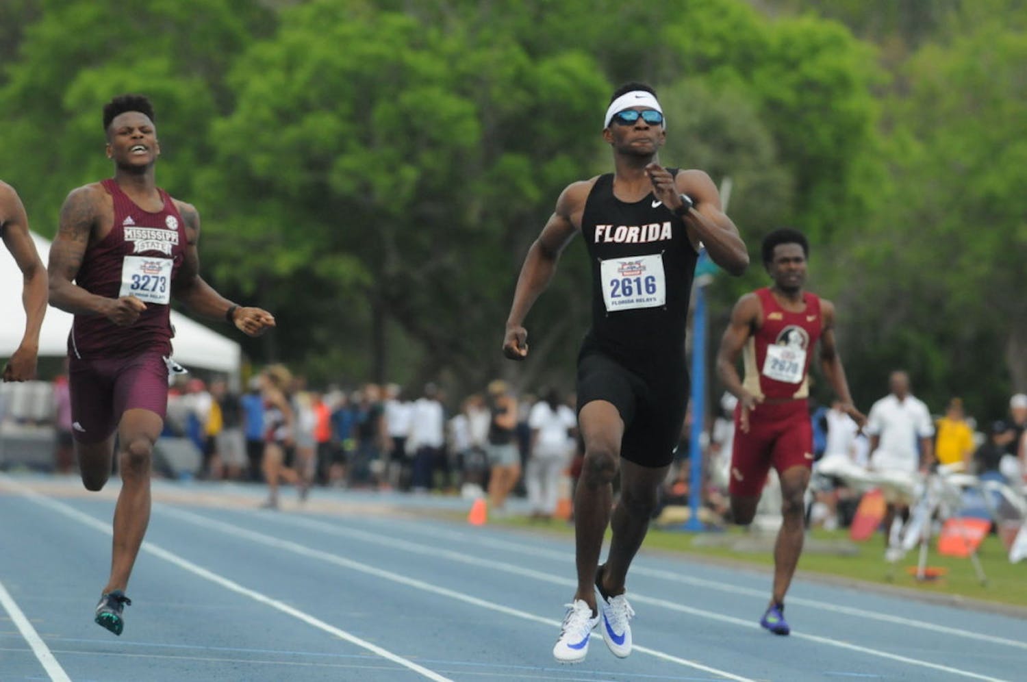 UF sprinter Kunle Fasasi races in the 400-meter dash during the Florida Relays on April 1, 2016, at the Percy Beard Track.