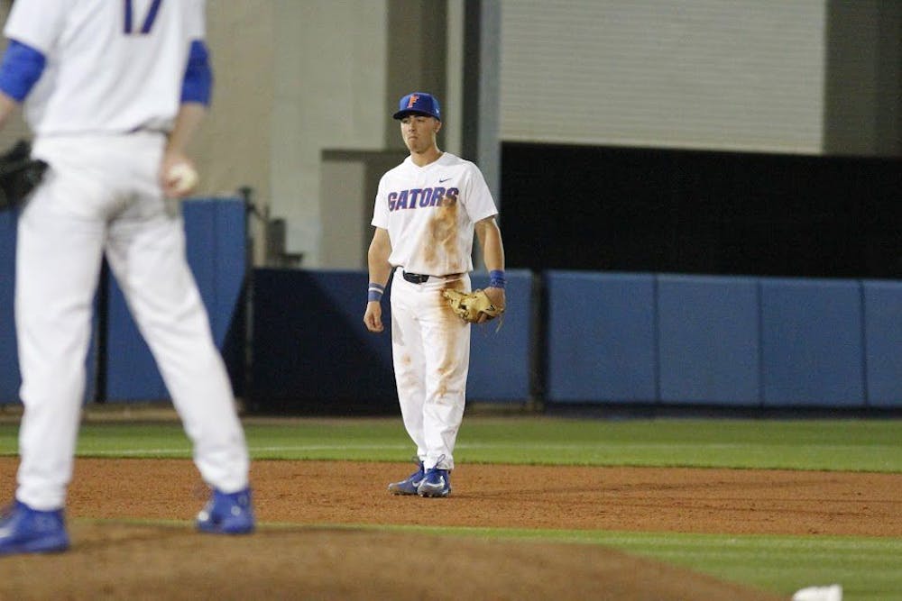 <p>UF third baseman Jonathan India stands at his position during Florida's 5-4 win against William &amp; Mary on Feb. 17, 2017, at McKethan Stadium.&nbsp;</p>