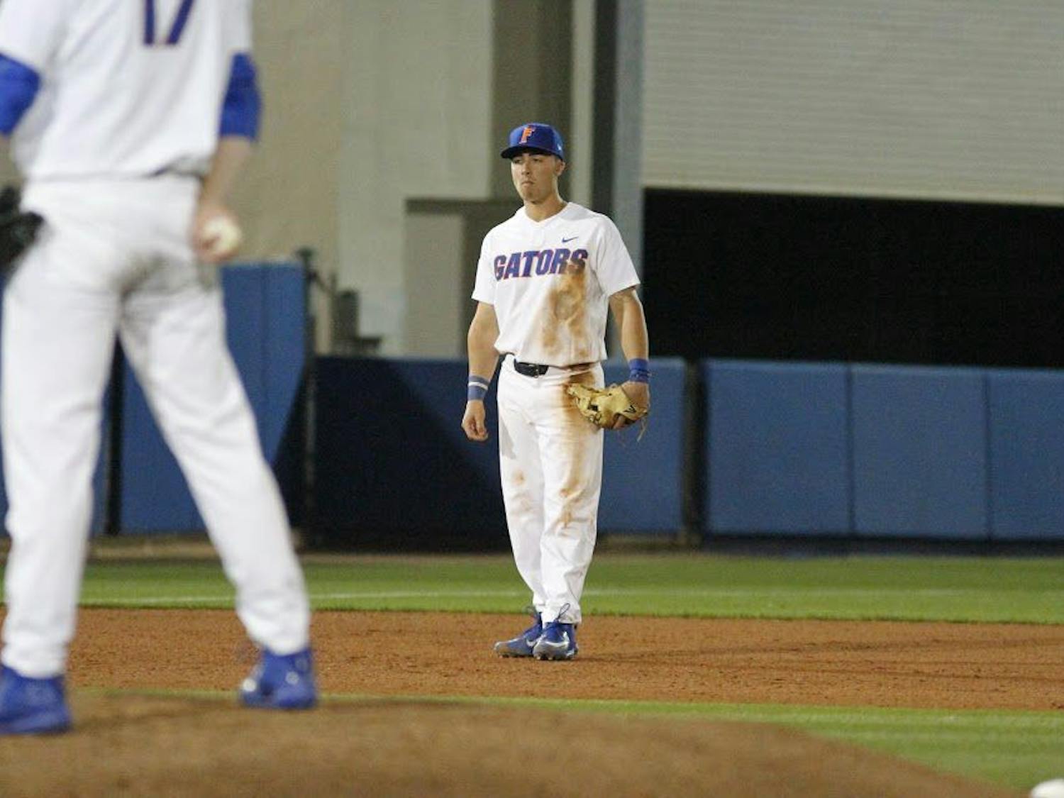 UF third baseman Jonathan India stands at his position during Florida's 5-4 win against William & Mary on Feb. 17, 2017, at McKethan Stadium. 