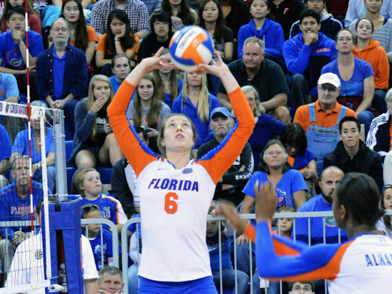 Mackenzie Dagostino sets the ball during Florida's 3-0 win against Alabama on Friday in the O'Connell Center.