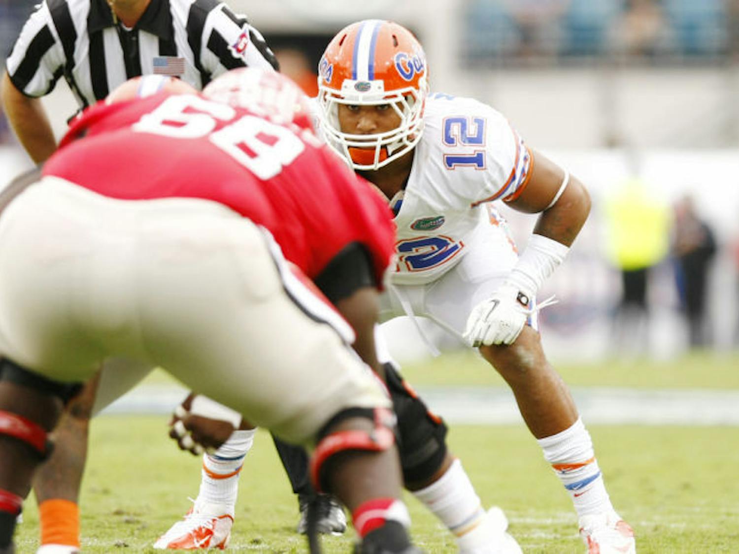 Linebacker Antonio Morrison (12) squats at the line of scrimmage during Florida’s 17-9 loss to Georgia on Oct. 27 at Everbank Field in Jacksonville. 