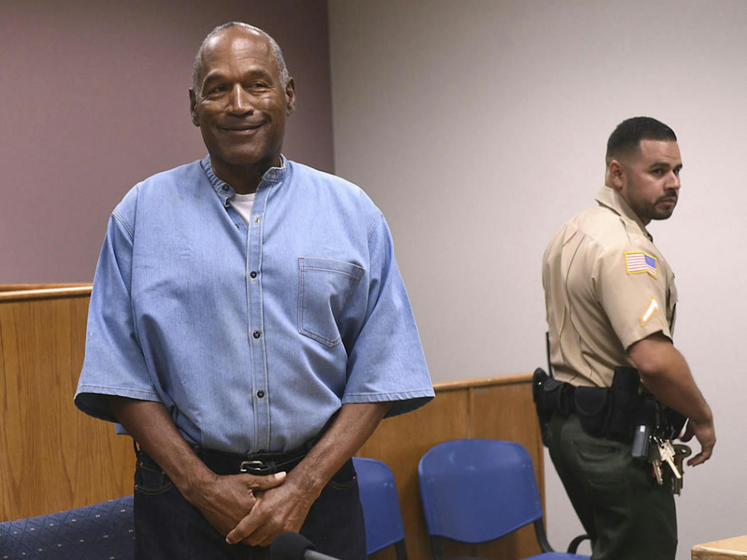 O.J. Simpson smiles during his parole hearing in Nevada on Thursday. Simpson was granted parole and is set to be released from jail on Oct. 1.