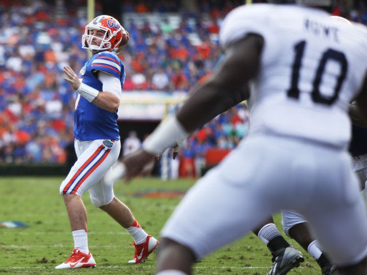 Skyler Mornhinweg (17) attempts a pass during Florida’s 26-20 loss to Georgia Southern on Saturday in Ben Hill Griffin Stadium. Mornhinweg finished the game 14 of 25 passing for 122 yards and two touchdowns.