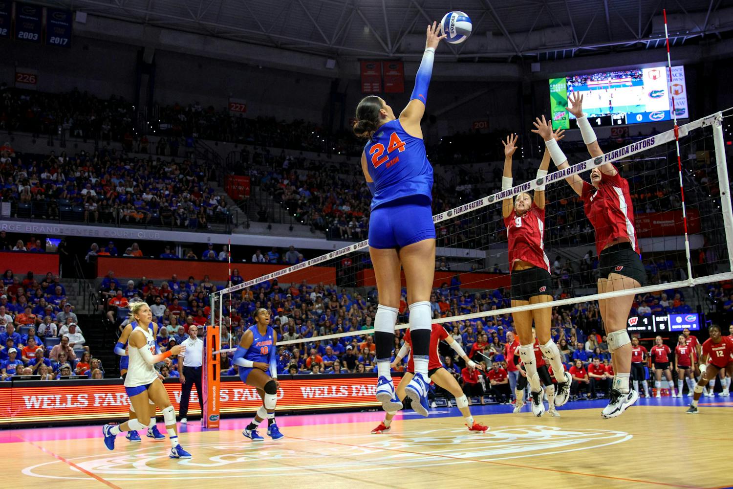 Graduate student outside hitter Anna Dixon hits the ball in the Gators' 3-2 loss against the Wisconsin Badgers Sunday, Sept. 17, 2023.