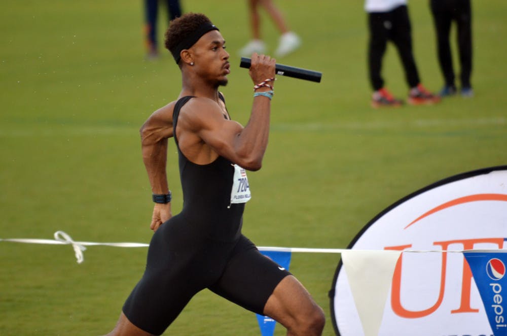 <p>Najee Glass races in the 4x400-meter dash to close out the 2015 Florida Relays on April 4 at the Percy Beard Track.</p>