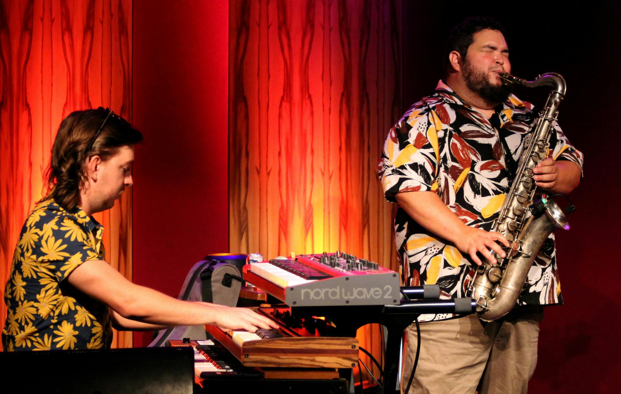 Zack Emerson (left) plays the keys alongside saxophonist Jose Piñeiro (right) with opening act Dionysus at Heartwood Soundstage on Wednesday, May 14, 2025. 