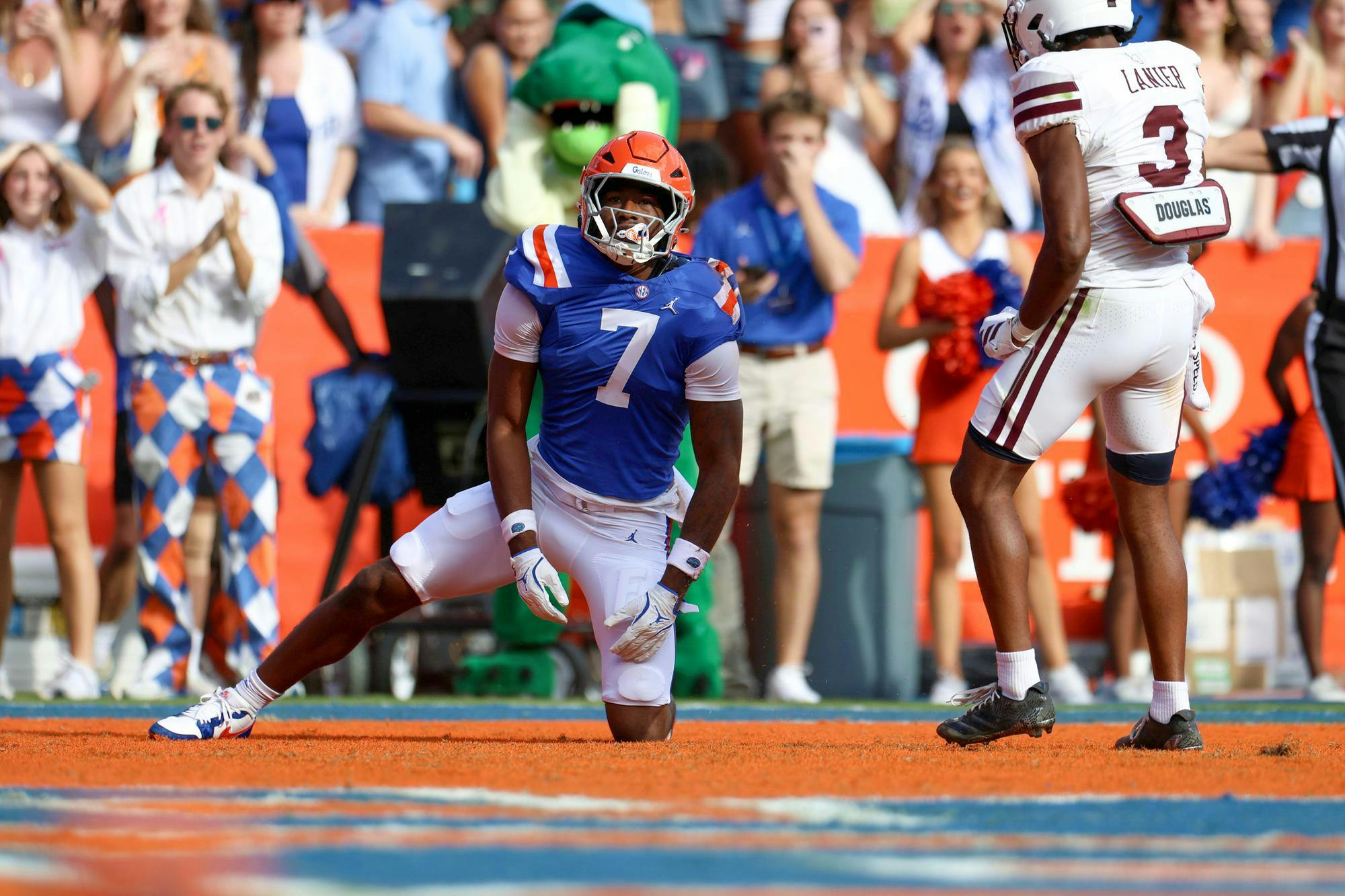 University of Florida tight end Amir Jackson (7) reacts to missing a pass in the endzone during the Gators game against the Bulldogs at Ben Hill Griffin Stadium in Gainesville, Fla.,  Saturday, Oct. 18, 2025.
