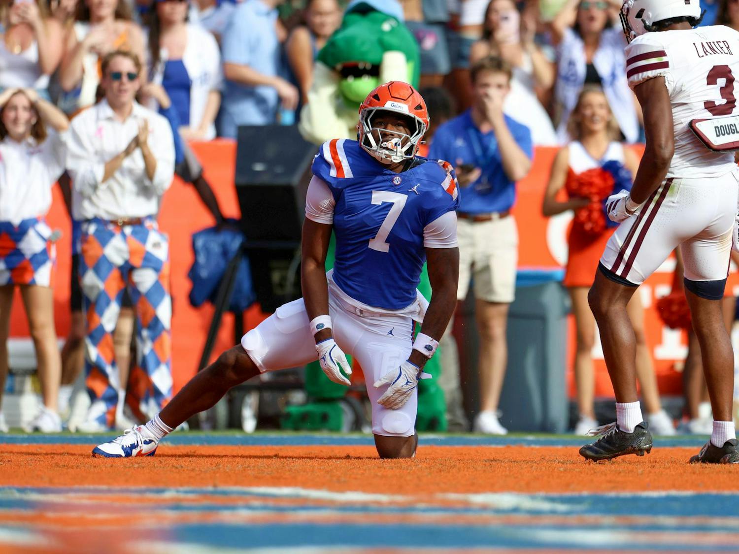 University of Florida tight end Amir Jackson (7) reacts to missing a pass in the endzone during the Gators game against the Bulldogs at Ben Hill Griffin Stadium in Gainesville, Fla., Saturday, Oct. 18, 2025.