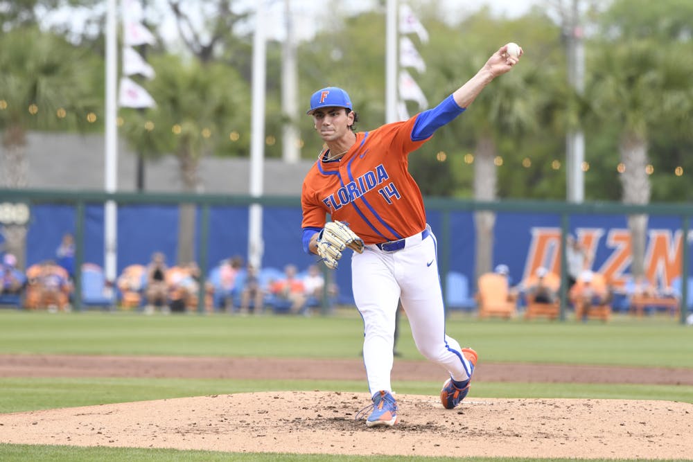 Florida junior southpaw Jac Caglianone delivers a pitch in the Gators’ 4-3 win against the Mississippi State Bulldogs on Sunday, March 31, 2024.