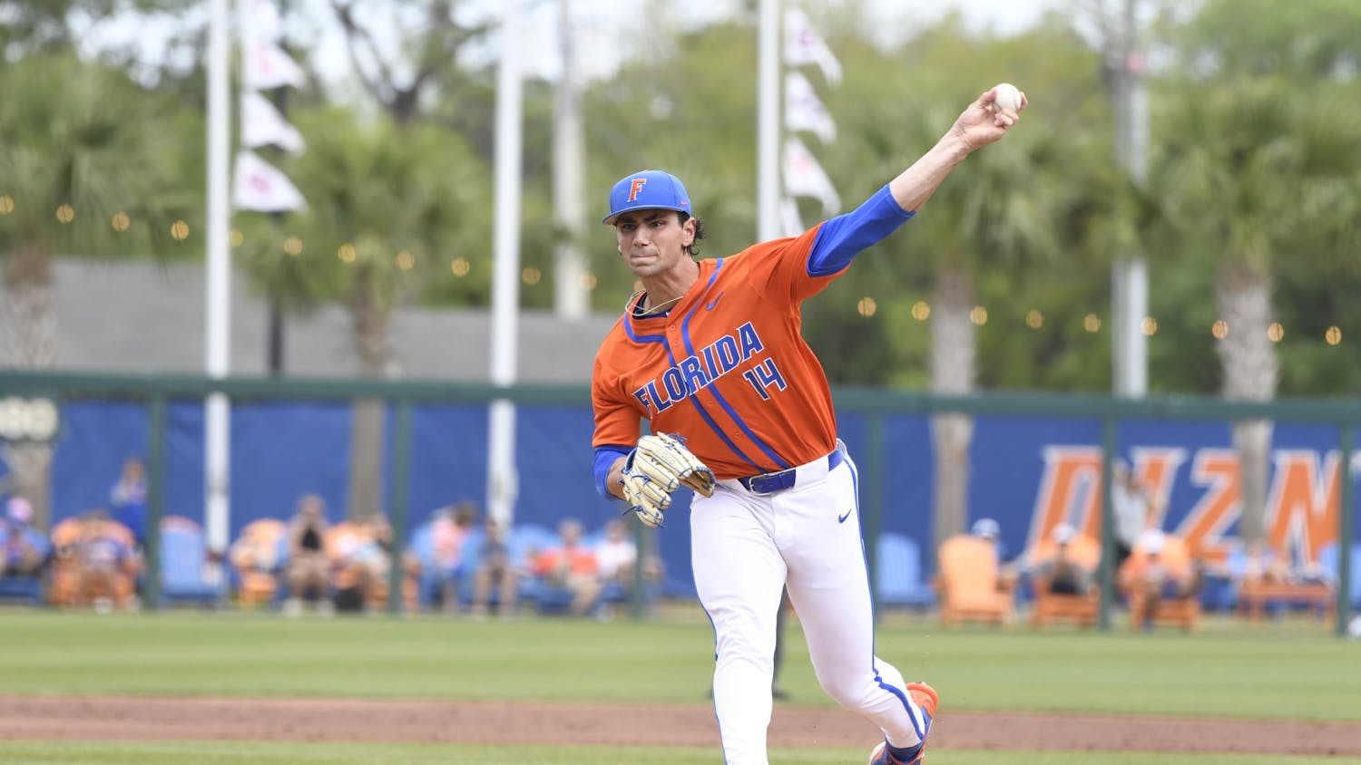 Florida junior southpaw Jac Caglianone delivers a pitch in the Gators’ 4-3 win against the Mississippi State Bulldogs on Sunday, March 31, 2024.