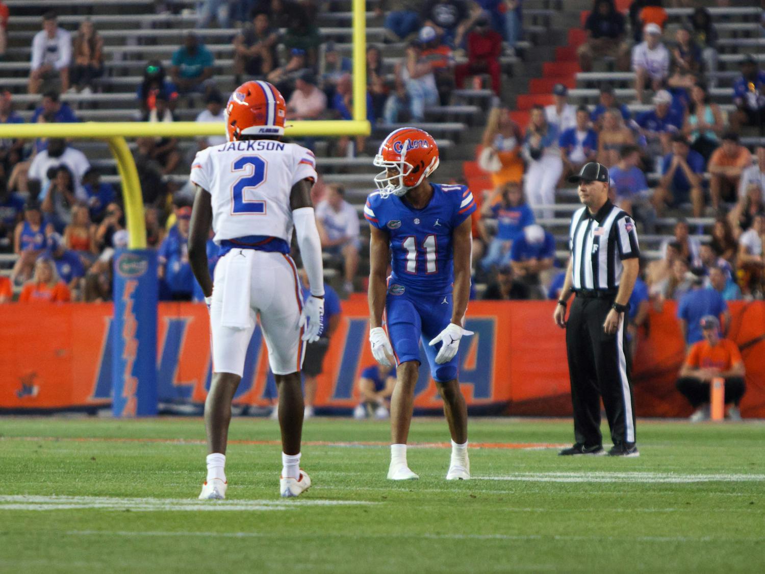 Freshman cornerback Ja'Keem Jackson lines up against freshman wide receiver Aidan Mizell in the Orange and Blue Spring Game Thursday, Aug. 15, 2023.