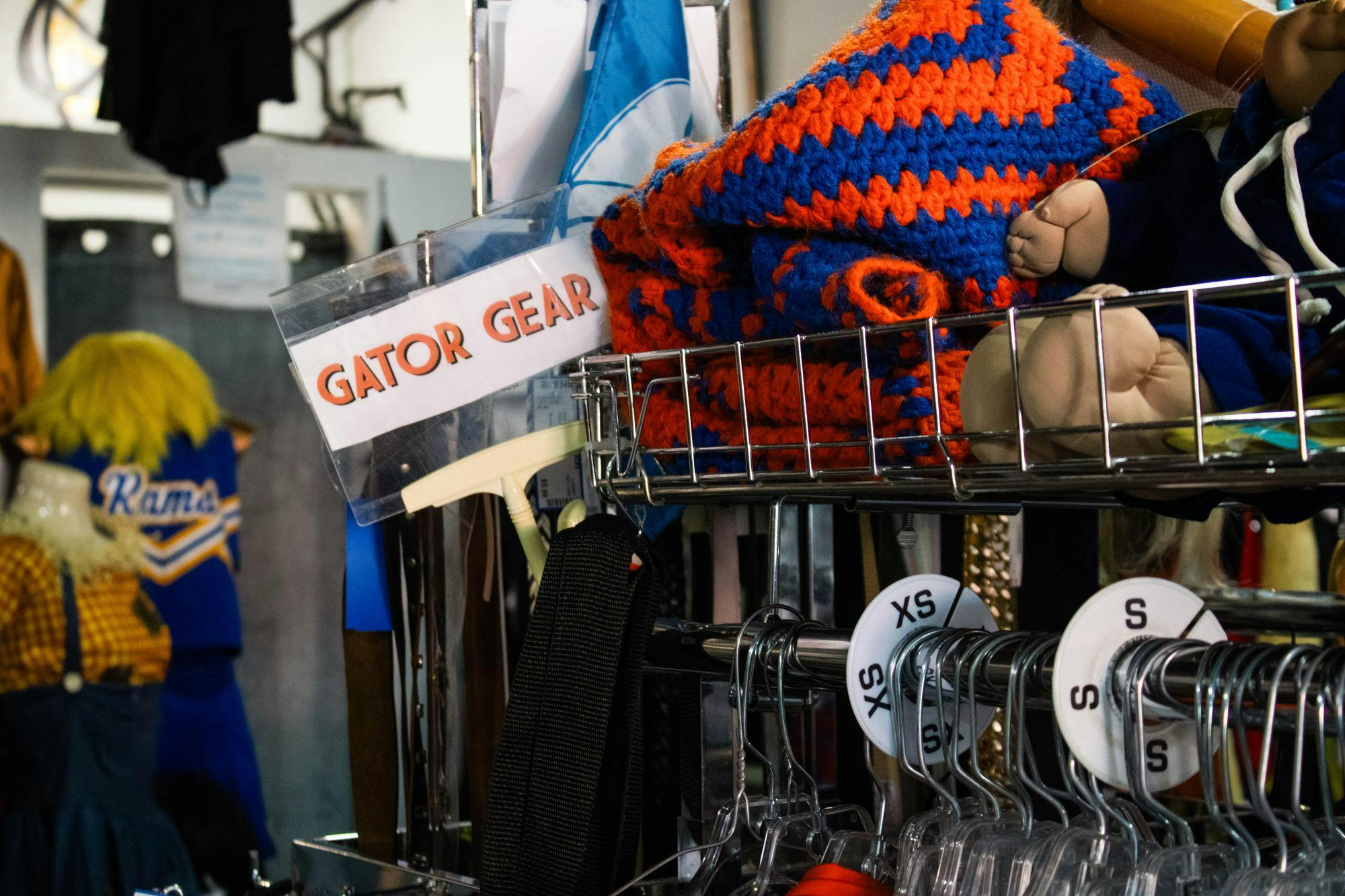 A sign marks the dedicated section of UF-themed clothing at Flashbacks Recycled Fashions, Wednesday, Oct. 14, 2026, in Gainesville, Fla.