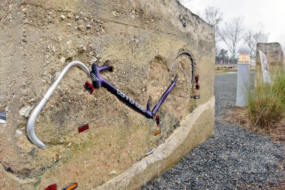 <p>One of the six sculptures containing bicycle remains that line Depot Avenue as seen on Wednesday afternoon. The sculptures are in remembrance of a fatal 1996 collision that left two dead.</p>