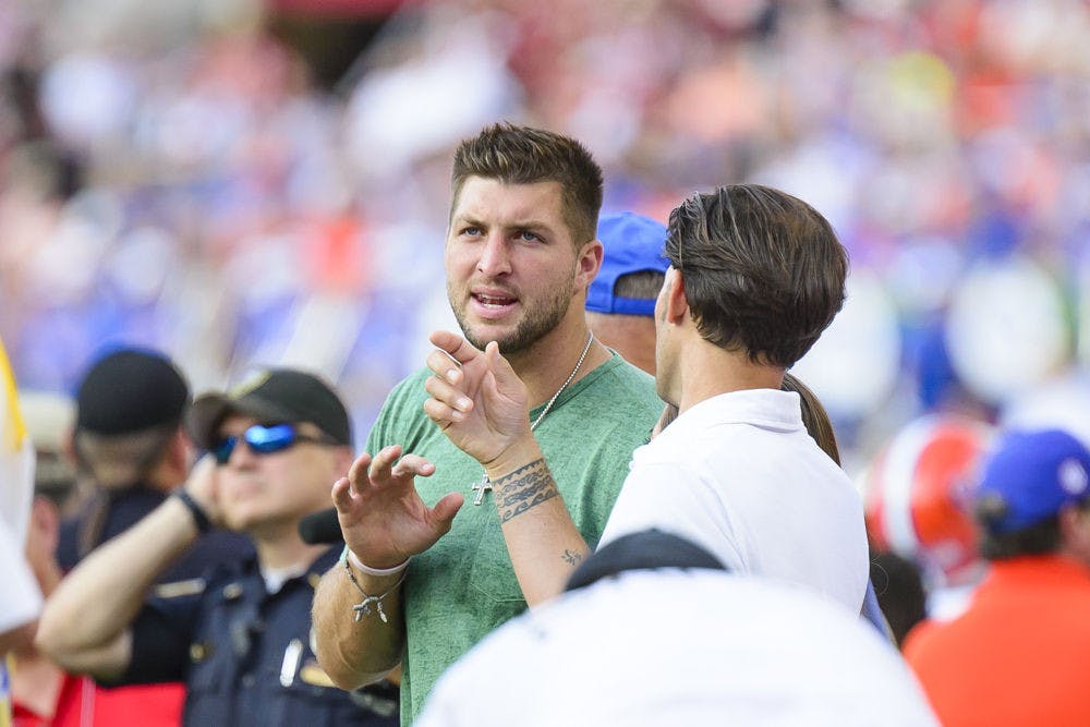 <p>Tim Tebow on the sidelines&nbsp;during Florida's 42-21 loss to Alabama at Bryant-Denny Stadium on Sept. 20, 2014.</p>