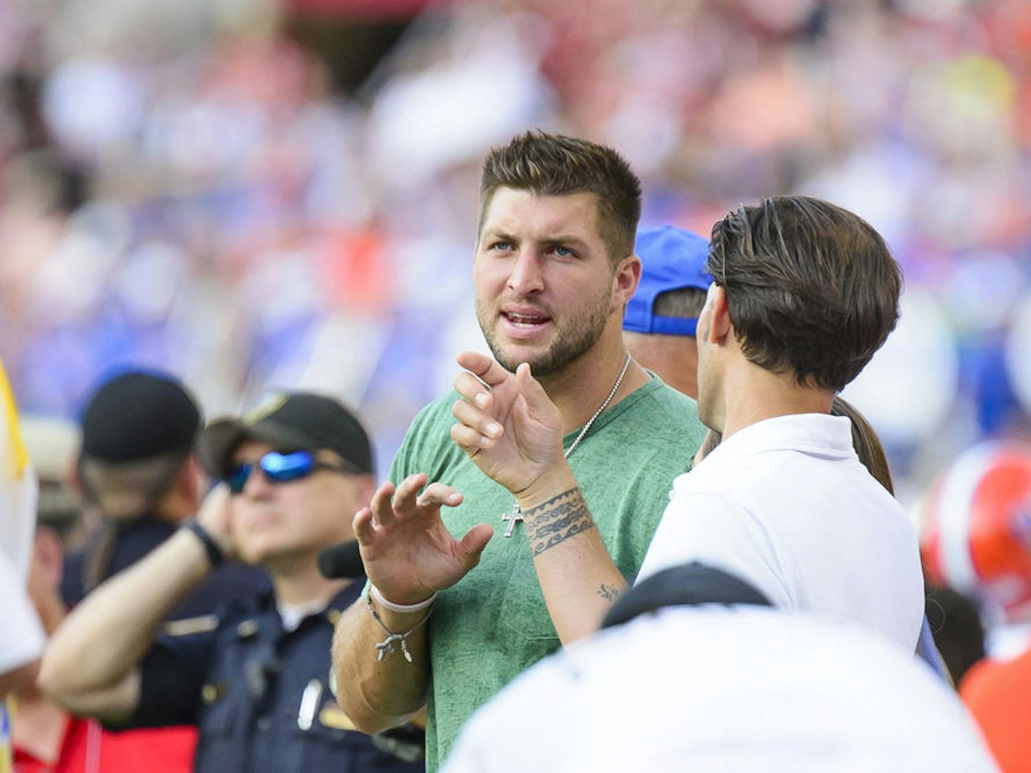 Tim Tebow on the sidelines during Florida's 42-21 loss to Alabama at Bryant-Denny Stadium on Sept. 20, 2014.