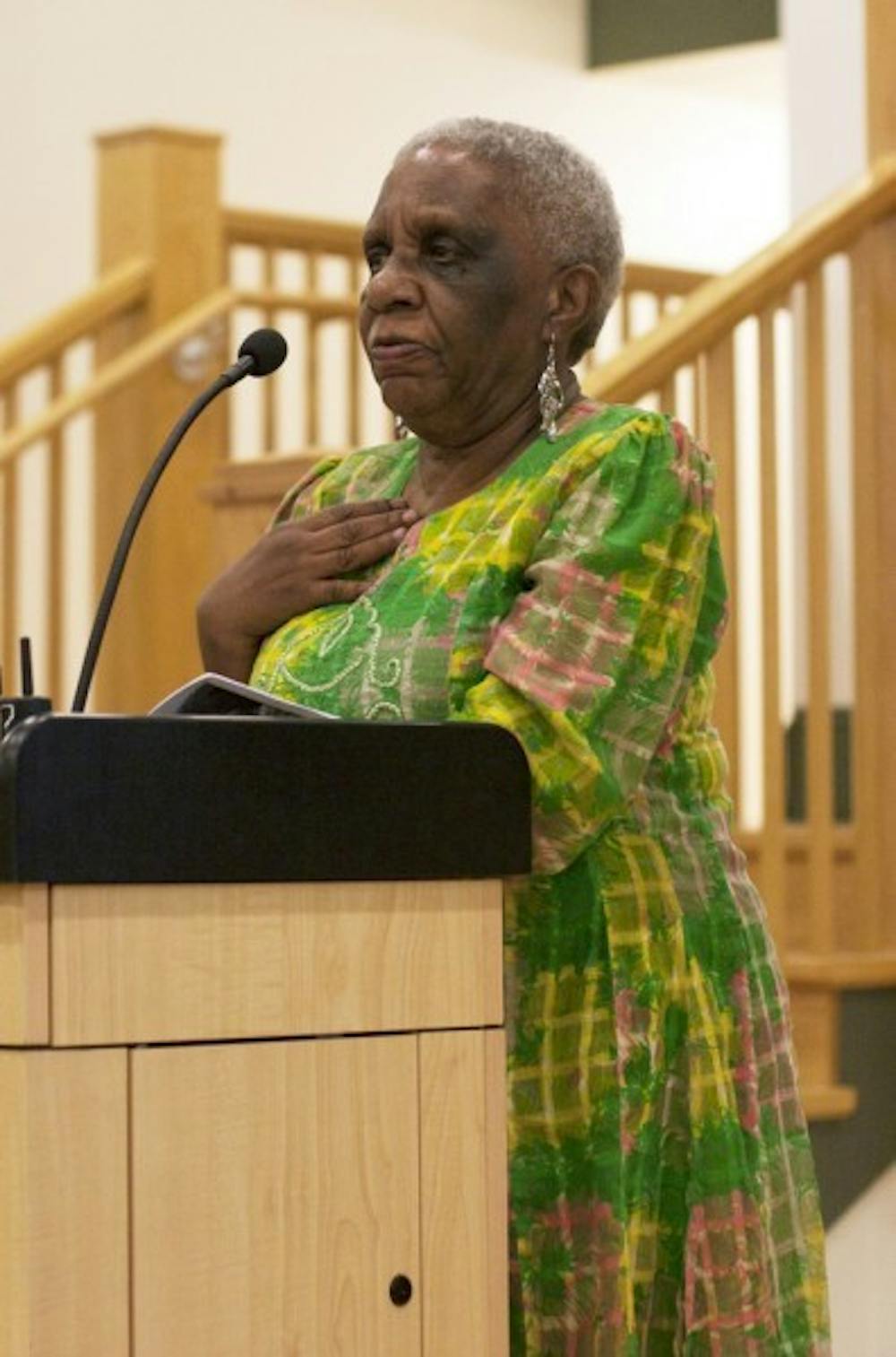 <p>Margaret Block, a civil rights activist, speaks in Ustler Hall on Thursday night as part of the Samuel Proctor Oral History Program.</p>
