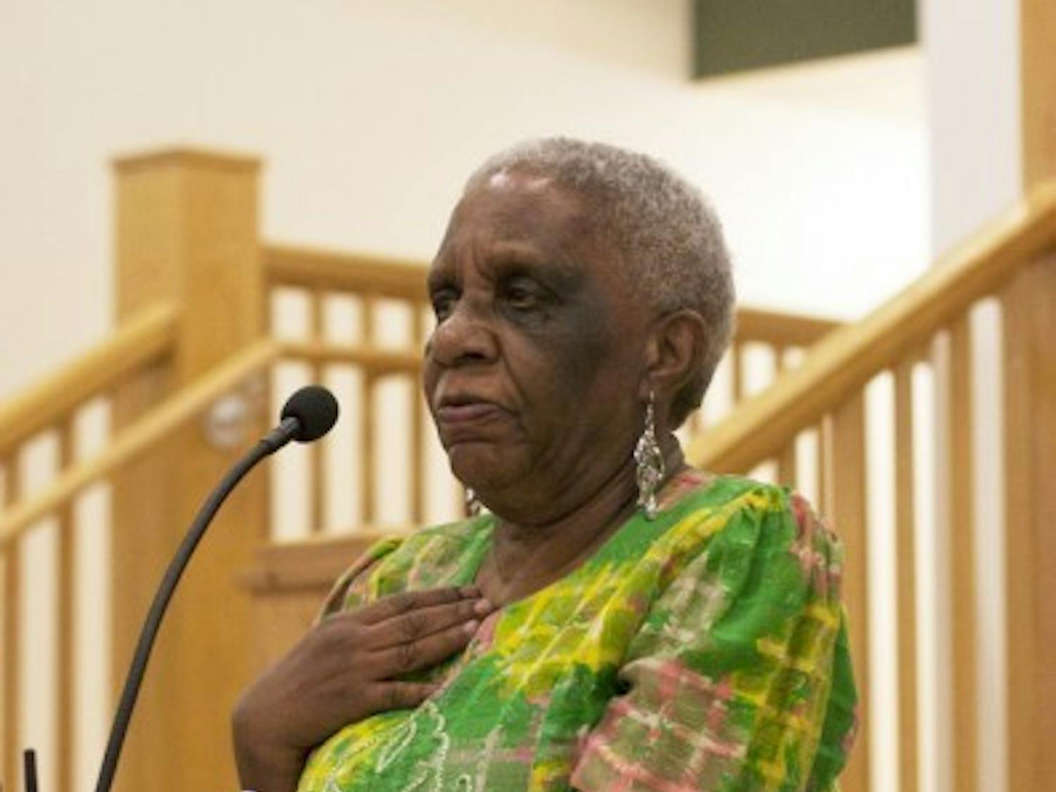Margaret Block, a civil rights activist, speaks in Ustler Hall on Thursday night as part of the Samuel Proctor Oral History Program.