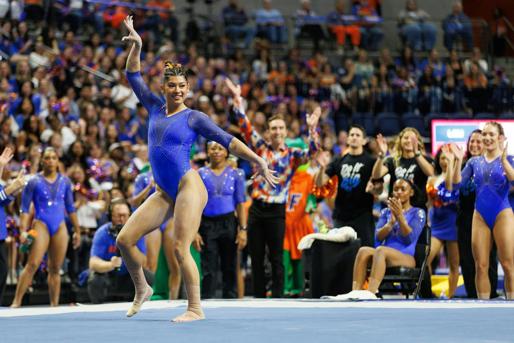 Florida gymnast Kayla DiCello performs on the floor during an NCAA gymnastics meet against Louisiana State University, Sunday, March 8, 2026, in Gainesville, Fla.