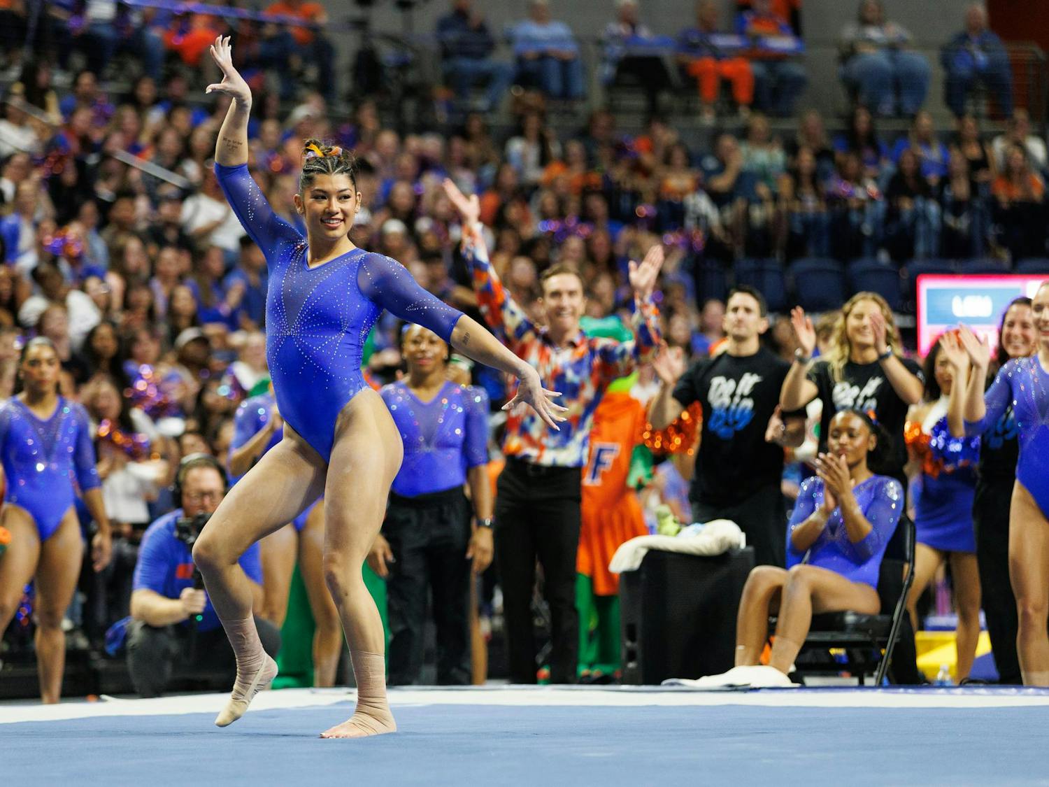 Florida gymnast Kayla DiCello performs on the floor during an NCAA gymnastics meet against Louisiana State University, Sunday, March 8, 2026, in Gainesville, Fla.