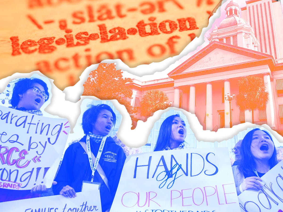 Activists rally against recent deportation order legislation at the Florida State Capitol in Tallahassee, demanding protections for immigrant communities. Protesters call on lawmakers to halt policies they say threaten families and workers across the state.