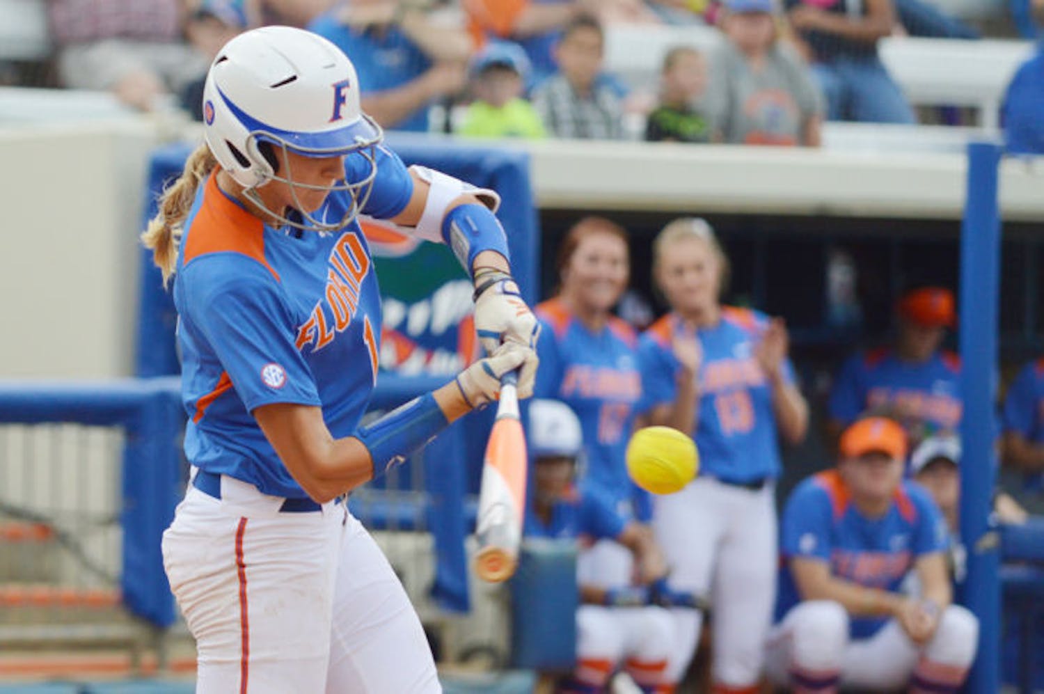 Aubree Munro swings during Florida’s 7-6 win against Auburn on Saturday at Katie Seashole Pressly Stadium. Munro hit two doubles in Florida’s first game against Auburn on Friday.