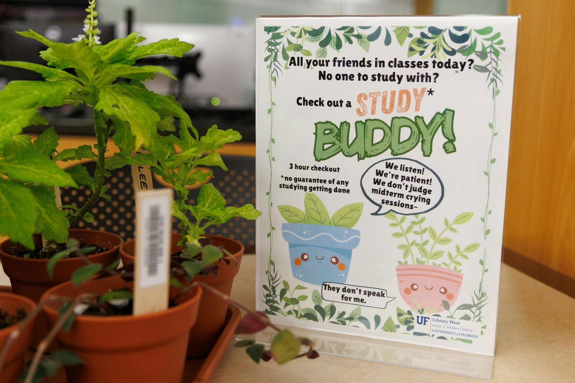 A sign for a studdy buddy program at the University of Florida’s Library West, Friday, April 10, 2025.
