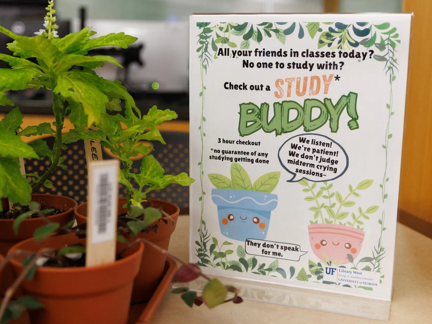 A sign for a studdy buddy program at the University of Florida’s Library West, Friday, April 10, 2025.