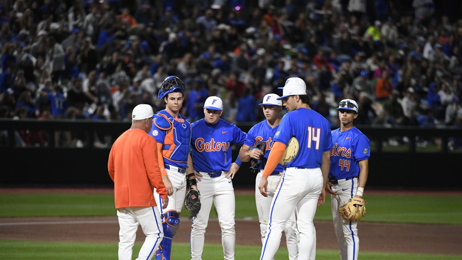 Florida baseball head coach Kevin O'Sullivan takes a mound visit during the Gators' win over Columbia University on Saturday, February 24, 2024. 