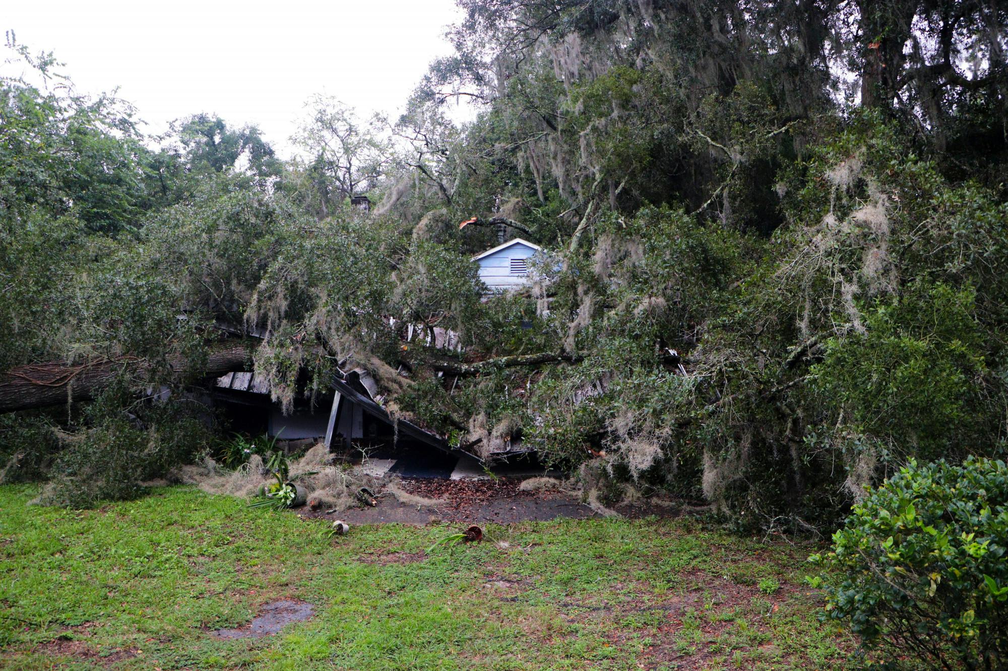 A tree smashes through a house in the Stephen Foster neighborhood the day Hurricane Ian hit Gainesville Wednesday, Sept. 28, 2022.