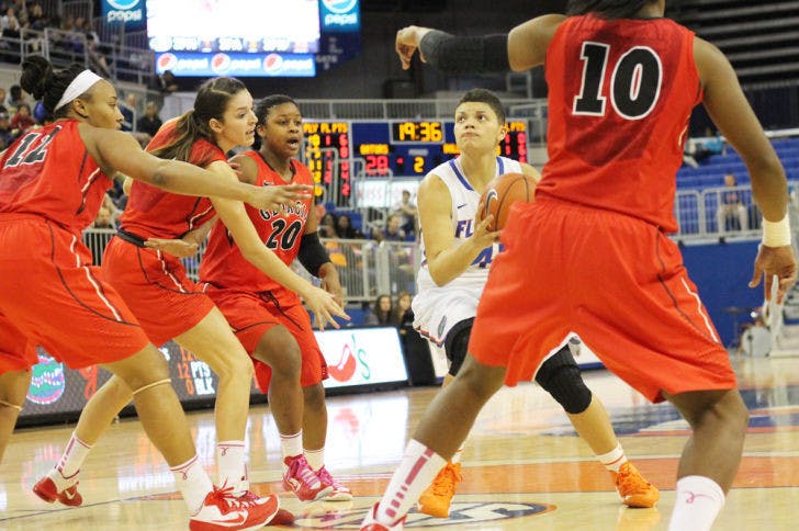Sydney Moss pulls up for a jump shot in the second half of Florida's 62-57 loss to Georgia on Sunday. Moss and the Gators are now just 4-8 in the Southeastern Conference.&nbsp;