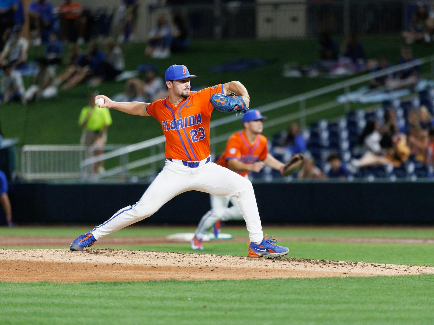 Florida right-handed pitcher Billy Barlow (23) winds up to throw a ptich during an NCAA baseball game against Florida A&M University, Wednesday, March 4, 2026, in Gainesville, Fla.