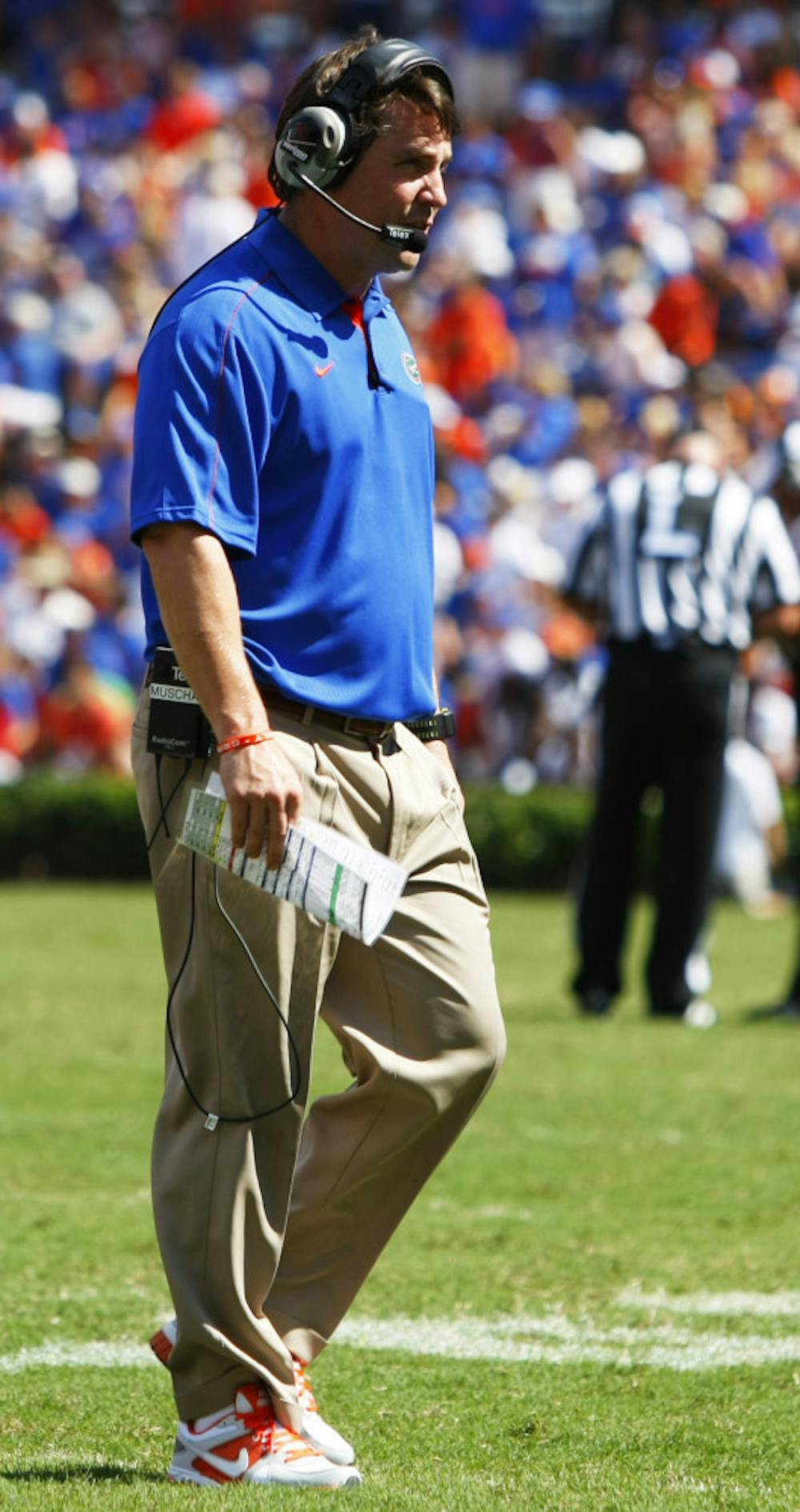 <p>Coach Will Muschamp walks off the field during Saturdays game against Bowling Green University at Ben Hill Griffin Stadium.</p>
<p> </p>