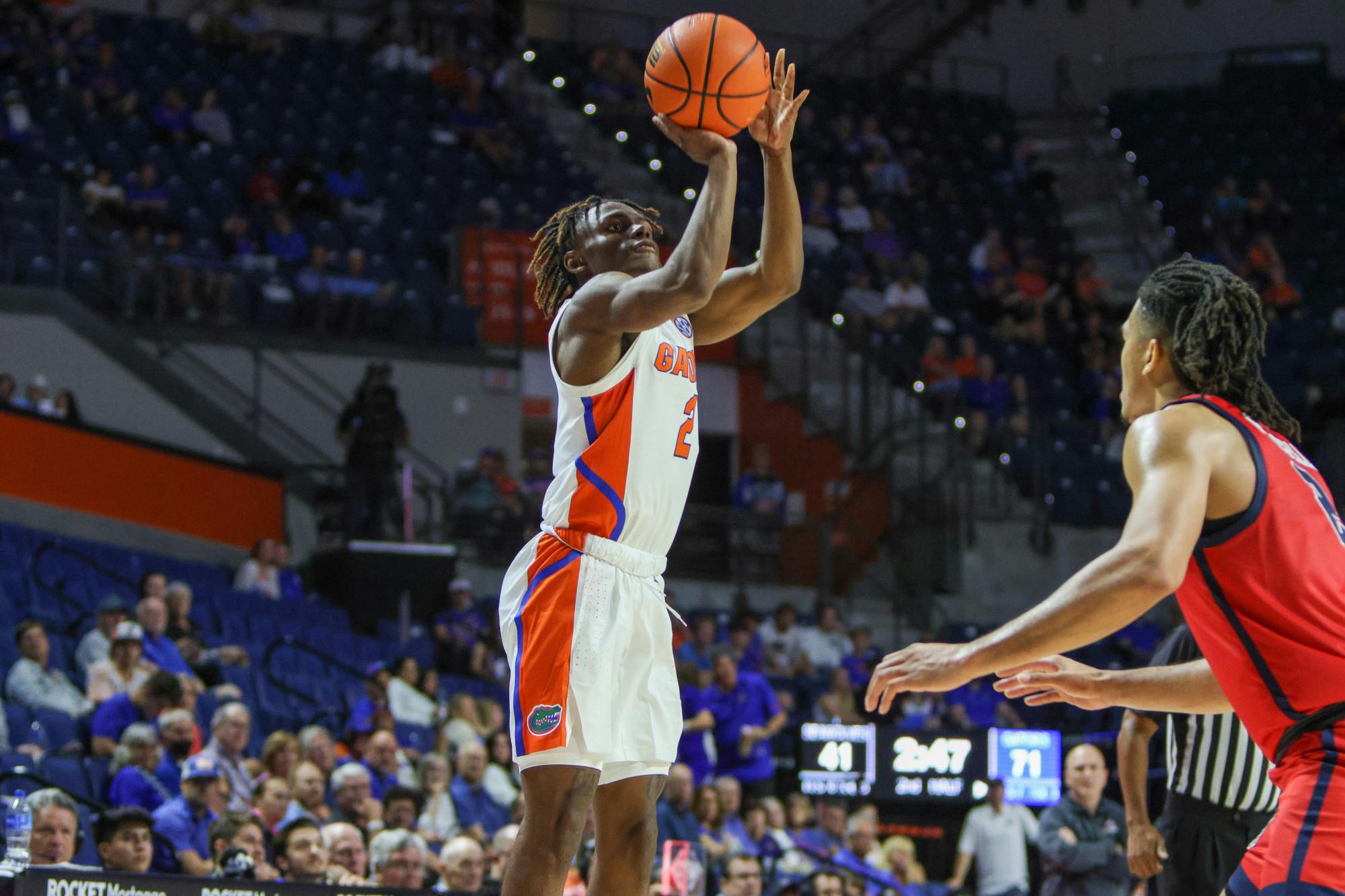 Florida guard Trey Bonham loads up for a shot against Stony Brook Monday, Nov. 7, 2022. Bonham lead the Gators in scoring with 23 points against Florida A&M Wednesday, including seven 3-pointers. 