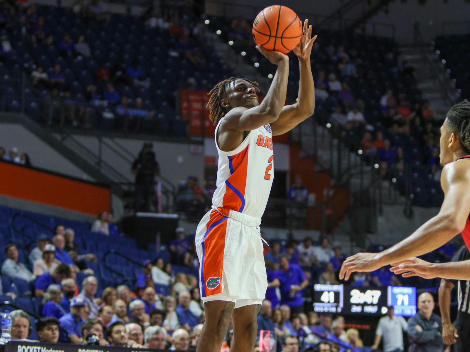 Florida guard Trey Bonham loads up for a shot against Stony Brook Monday, Nov. 7, 2022. Bonham lead the Gators in scoring with 23 points against Florida A&M Wednesday, including seven 3-pointers. 