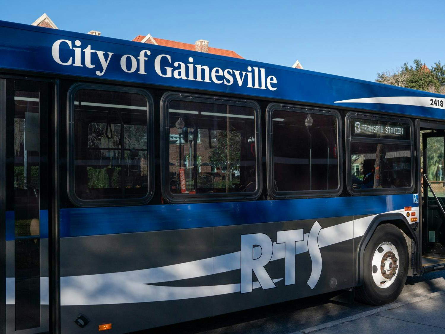 The number 33 bus stops at the Hub Food Court in Gainesville, Fla., Friday, Jan 16, 2026.