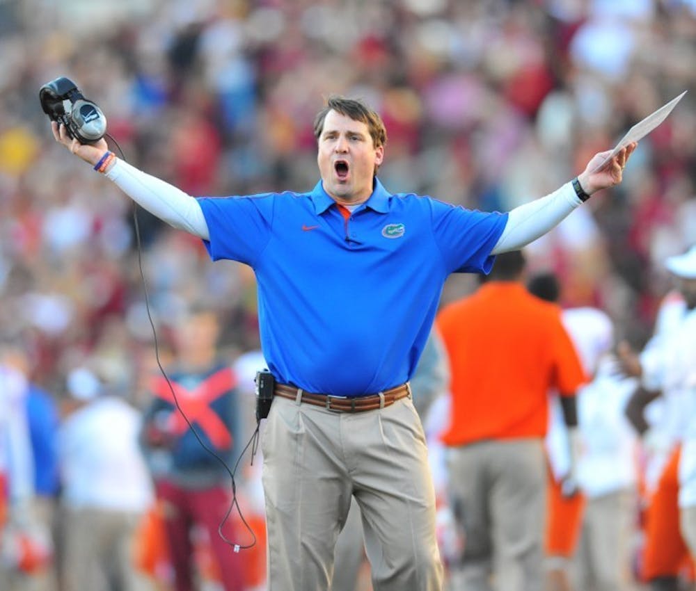 <p style="text-align: left;" align="right">Coach Will Muschamp reacts to a call during Florida’s 37-26 win against Florida State on Nov. 24 at Doak Campbell Stadium. Muschamp led the Gators to an 11-1 record and a Sugar Bowl berth during his second season at the helm in Gainesville. Florida will play Louisville in the Sugar Bowl on Jan. 2 in New Orleans.</p>