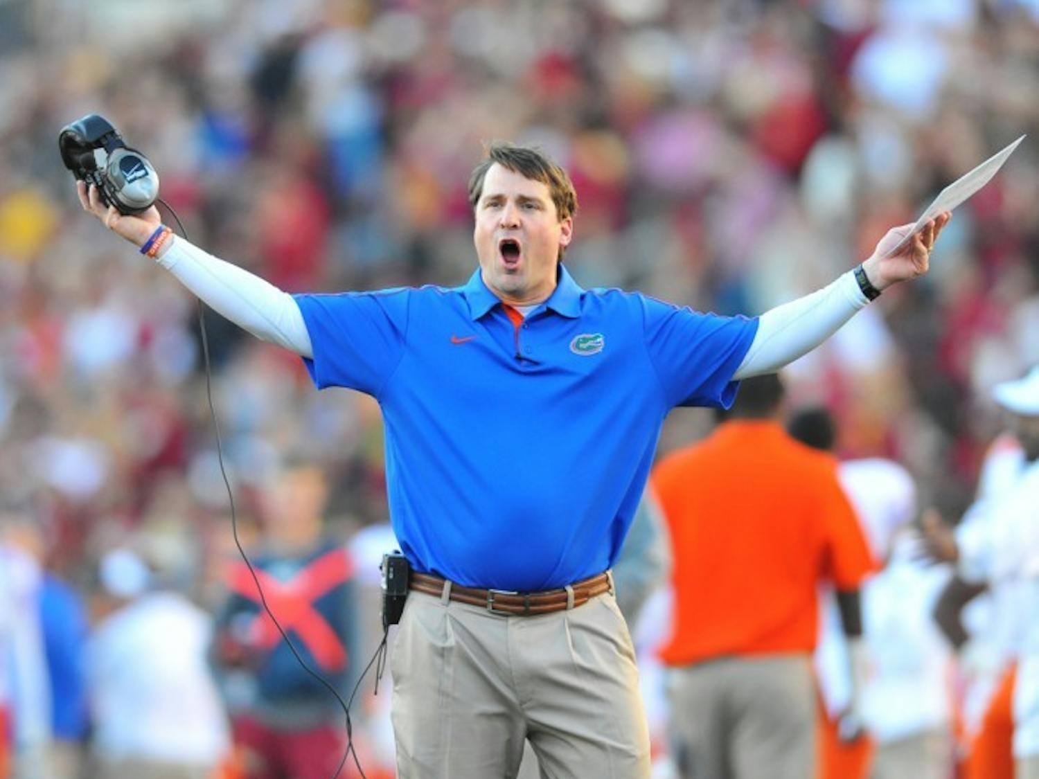 Coach Will Muschamp reacts to a call during Florida’s 37-26 win against Florida State on Nov. 24 at Doak Campbell Stadium. Muschamp led the Gators to an 11-1 record and a Sugar Bowl berth during his second season at the helm in Gainesville. Florida will play Louisville in the Sugar Bowl on Jan. 2 in New Orleans.