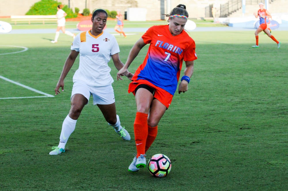 Savannah Jordan dribbles the ball during Florida's 5-2 win over Iowa State on Aug. 19 at James G. Pressly Stadium.