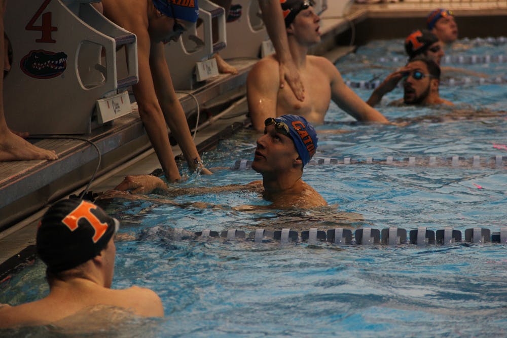 <p>Caeleb Dressel rests in the water during Florida’s 183-117 win against Tennessee on Jan. 28, 2017, at the O’Connell Center.</p>